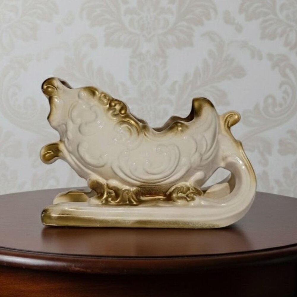 Large 12" Vintage Ceramic Christmas Sleigh Planter White Gold Gilt Ornate Scroll